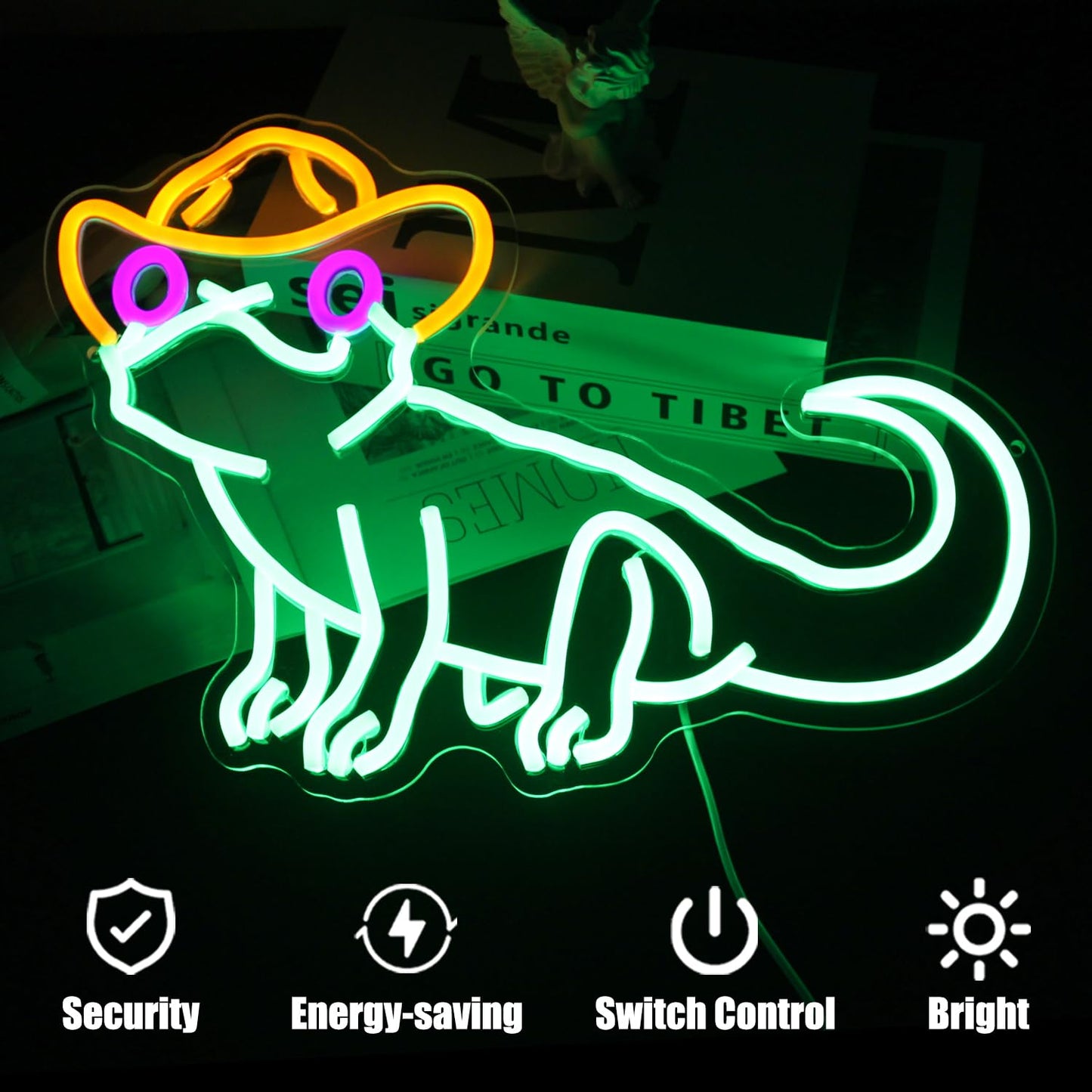 Cowboy Green Iguana Neon Sign Lizard Neon Lights Reptile with Cowboy Hat LED Signs for Wall Decor Anime Neon Light Sign Animal Light Up Signs for Kids Bedroom Game Room Birthday Party Decor