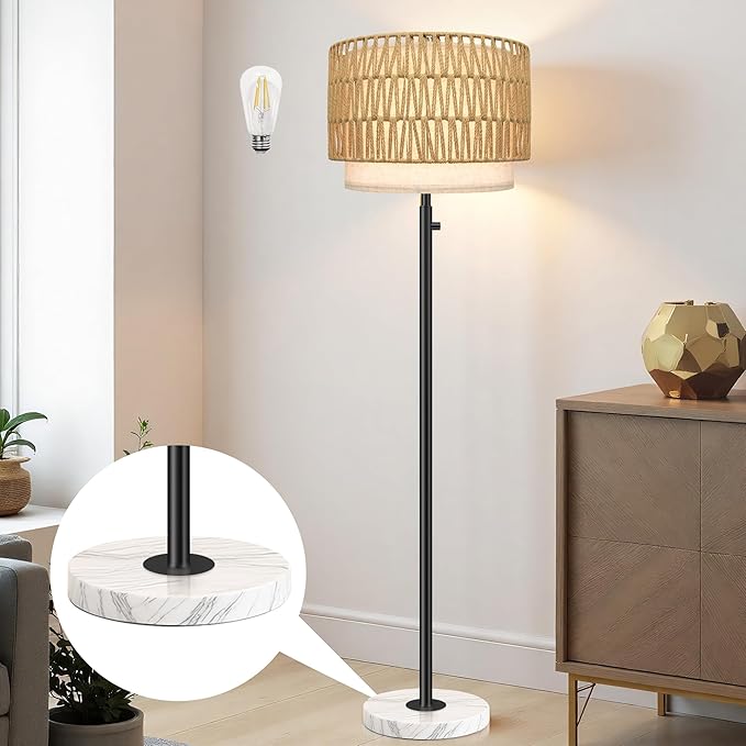Floor Lamp for Bedroom,Rattan Floor Lamp,Modern Standing Lamp with Marble Base,Dimmable Standing Lamp for Bedroom, Reading,Office & Kids' Room,LED Bulb Included(Rattan)