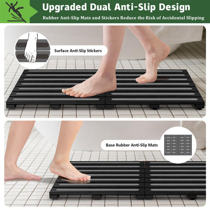 Bamboo Bath Mat for Shower, Dual Anti-Slip for Surface & Bottom, Waterproof Foldable Shower Mat, Easy to Carry and Storage, Perfect for Indoor Outdoor （Black, 26.77×16.14×1.14 Inches）