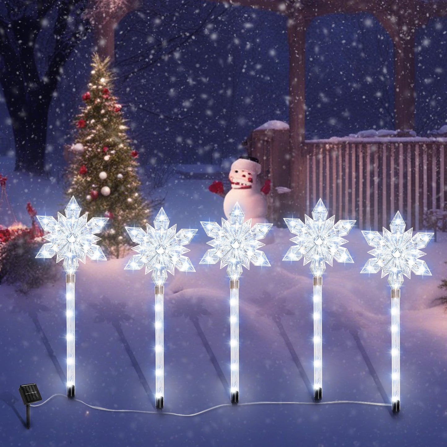 VOGVOG Snowflake Solar Christmas Pathway Lights, Set of 5 LED Outdoor Stake Lights, Waterproof Christmas Decorations for Garden, Yard, Lawn, Walkway, Patio Decor (Cold, 5pcs)