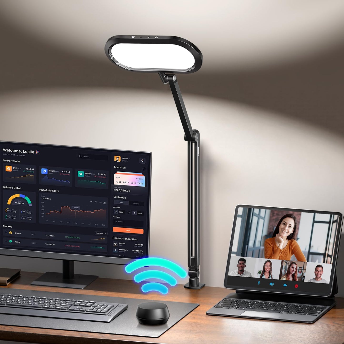 LED Desk Lamp for Home Office, Eye-Care Double-Sided Desk Light with Stepless Dimmable Knob Remote, Memory, Adjustable Arm Clip on Light for Video Recording, Zoom Call, Study, Flicker-Free, Glare-Free