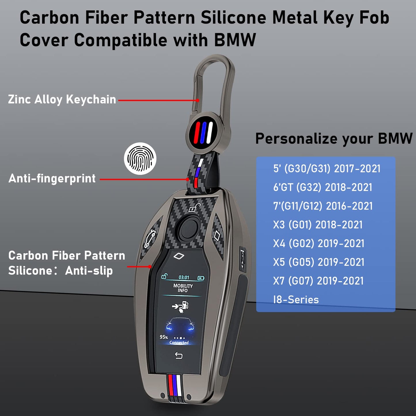 Jaronx Compatible With BMW Key Fob Cover 5' G30 G31/6' G32/7' G11 G12/X3 G01/X4 G02/X5 G05/X7 G07/i8, LCD Digital Touchscreen Smart Metal Key Cover Holder Carbon Fiber Pattern Rubber For BMW (1 Set)