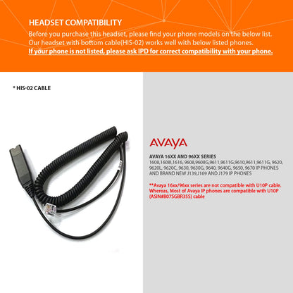IPD IPH-250 Phone Headset with Noise Cancelling Microphone for Office and Call Center-Compatible with Avaya 1608 1616 9601 9608 9611 9611G 9620 9621 9630 9631 9640 9641 9650 9670 J139 J159 J169 J179