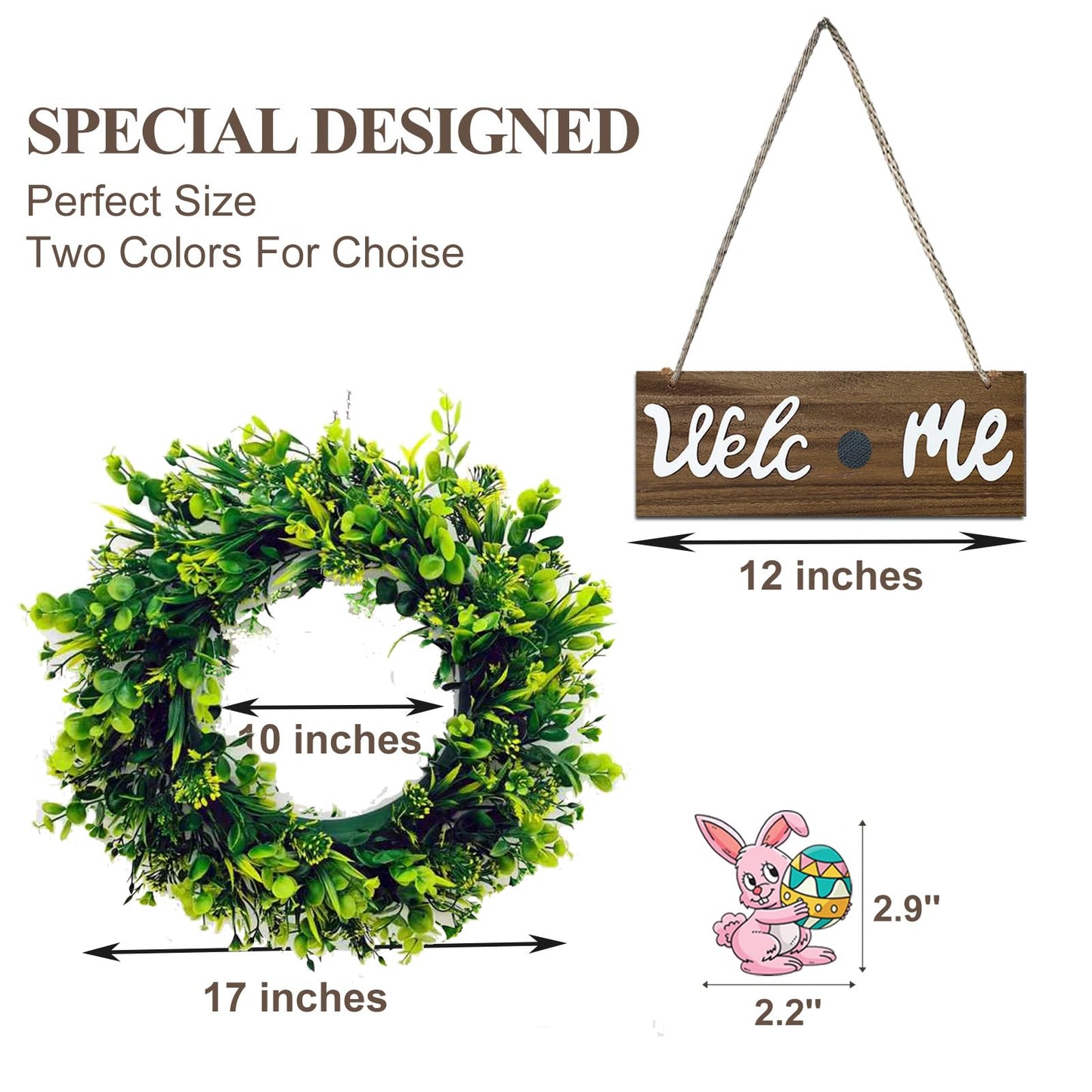 Artificial Boxwood Wreaths for Front Door, 16" Spring Summer Green Door Wreath with Welcome Sign for Holidays Wall Window Porch Farmhouse Decor Housewarming Gift