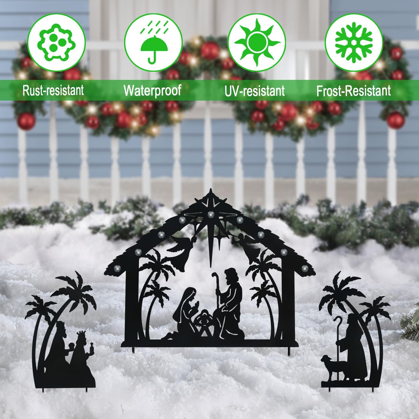 Hokfirm Solar Nativity Scene Outdoor,3Pack Lighted Outdoor Christmas Decorations,Metal Silhouette Nativity Set Outside for Yard Garden Stake