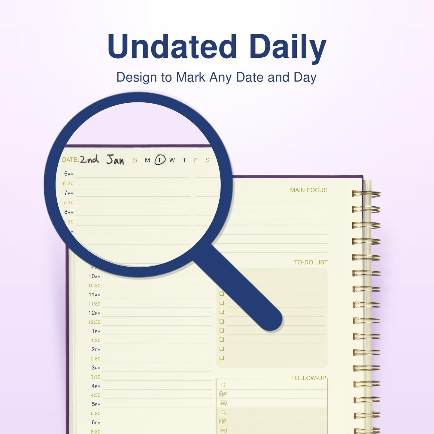 AuroPlanner Undated Daily Planner To Do List Hourly Schedule 2027 2026 2025 Calendar & Holiday Habit Tracker 180 Pages Letter Size 8.5" x 11" Sheets Hardcover Spiral Bound Notebook (Purple Indigo)