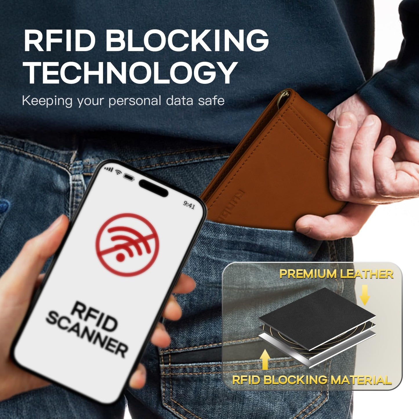 RUNBOX Slim Money Clip Wallets for Men RFID Blocking 8 Card Holder Minimalist Small Thin Carbon Leather Bifold Mens Front Pocket Wallet Gift Box(Desert Brown)