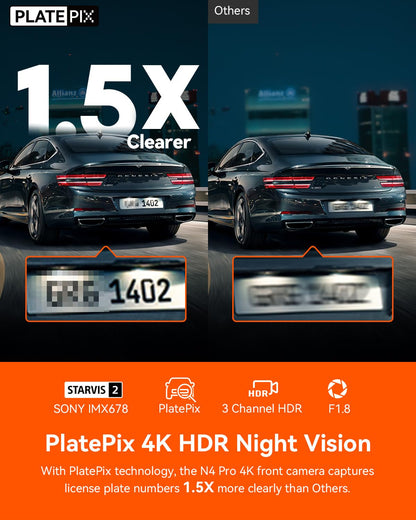 Vantrue N4 Pro 4K 3 Channel Dash Cam, STARVIS 2 IMX678 x PlatePix™ x HDR Night Vision, 4K+1080P+1080P Front Inside and Rear Dash Camera, Voice Control, WiFi, GPS, 24H Parking Mode, Support 512GB Max