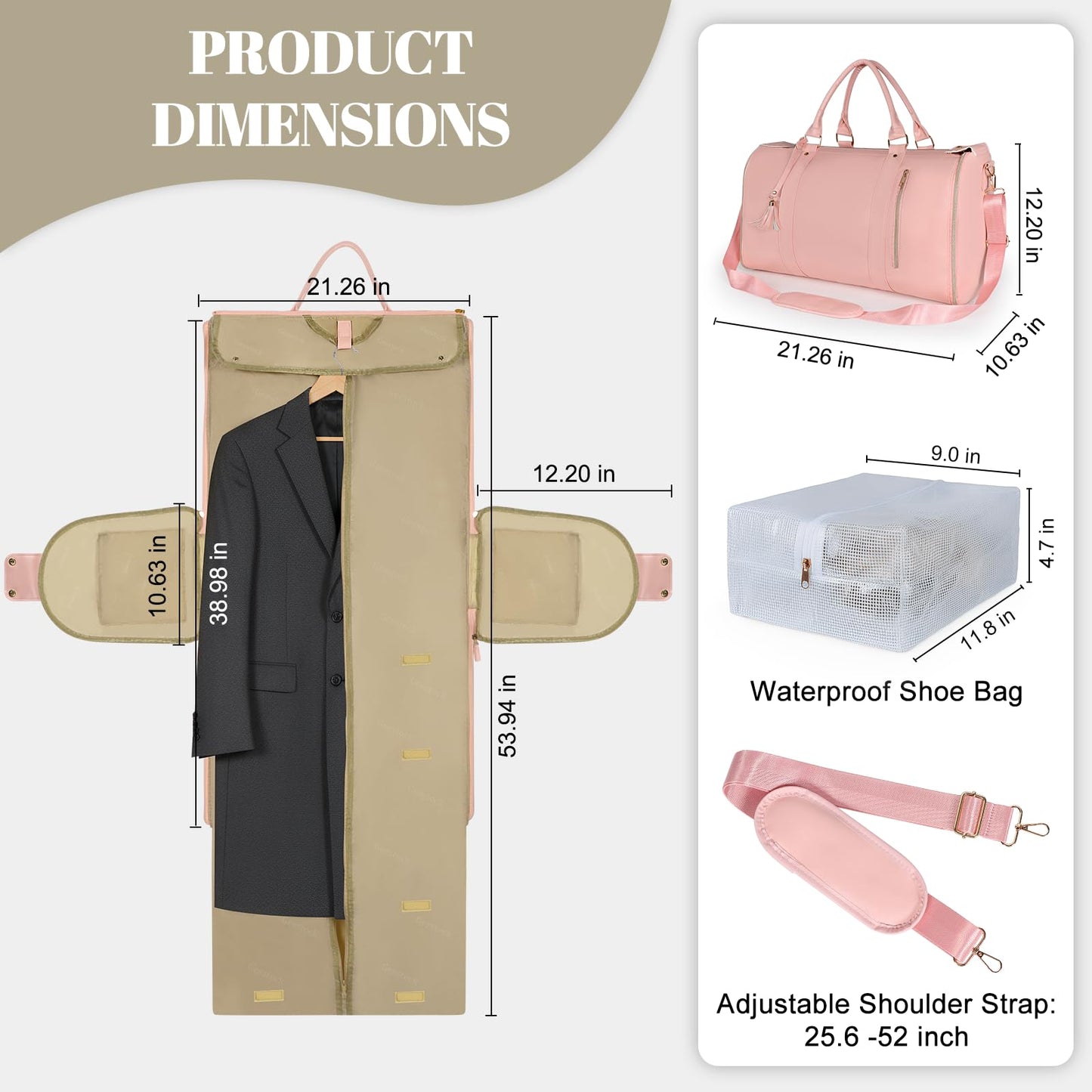 Geestock Convertible Garment Duffle Bags for Travel, Carry On Garment Bag with Shoe Pouch & Shoulder Strap - PU Leather Foldable Travel Duffle Bags 2 in 1 Hanging Dress Suitcase Suit Bag, Pink