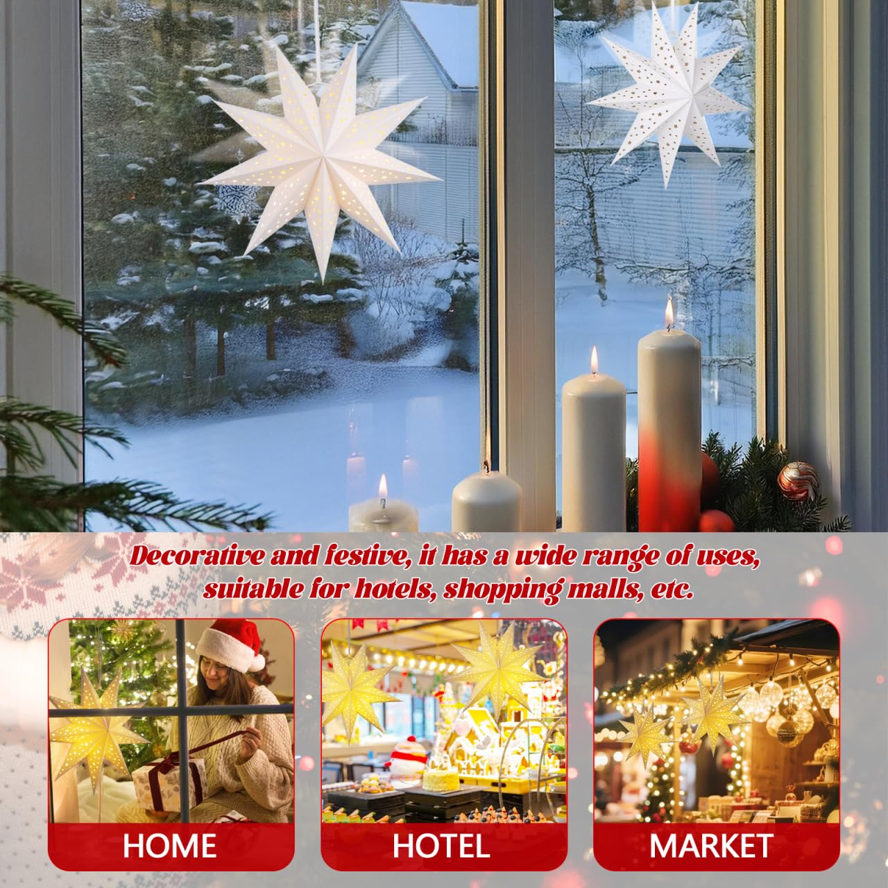 CALLARON 3Pcs Paper Star Lantern, Paper Christmas Decorations, Hanging Star Lantern, 9 Pointed Christmas Stars Lampshade, Foldable White Lampshade Decor for Christmas, Wedding, Holiday Party, 14inch