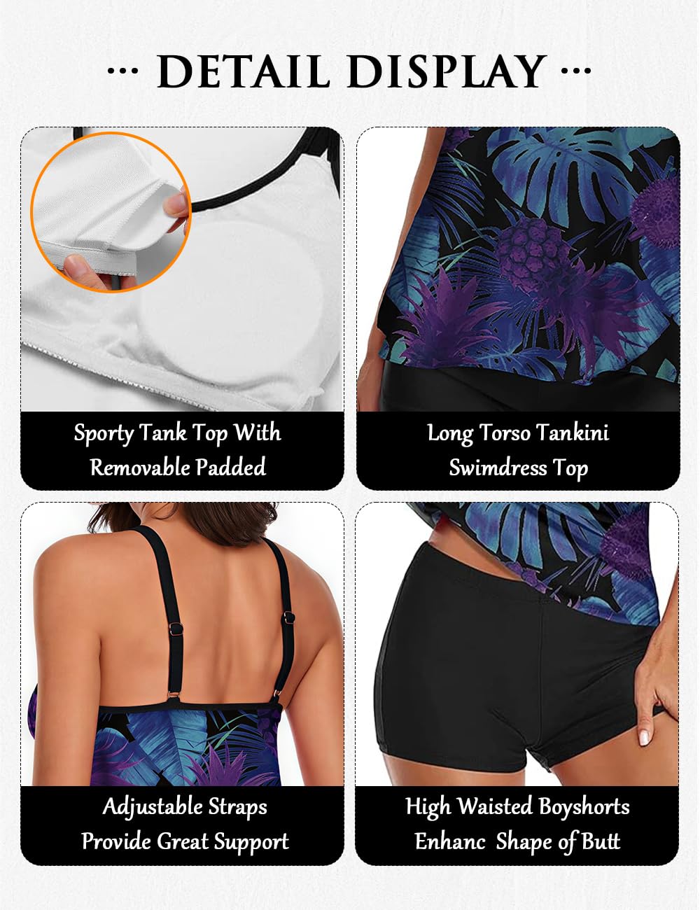 Urchics Womens Gray Tankini Swimsuit Tank Top Two Piece Bathing Suits with Boyshorts Z-Purple Blue Leaves XL