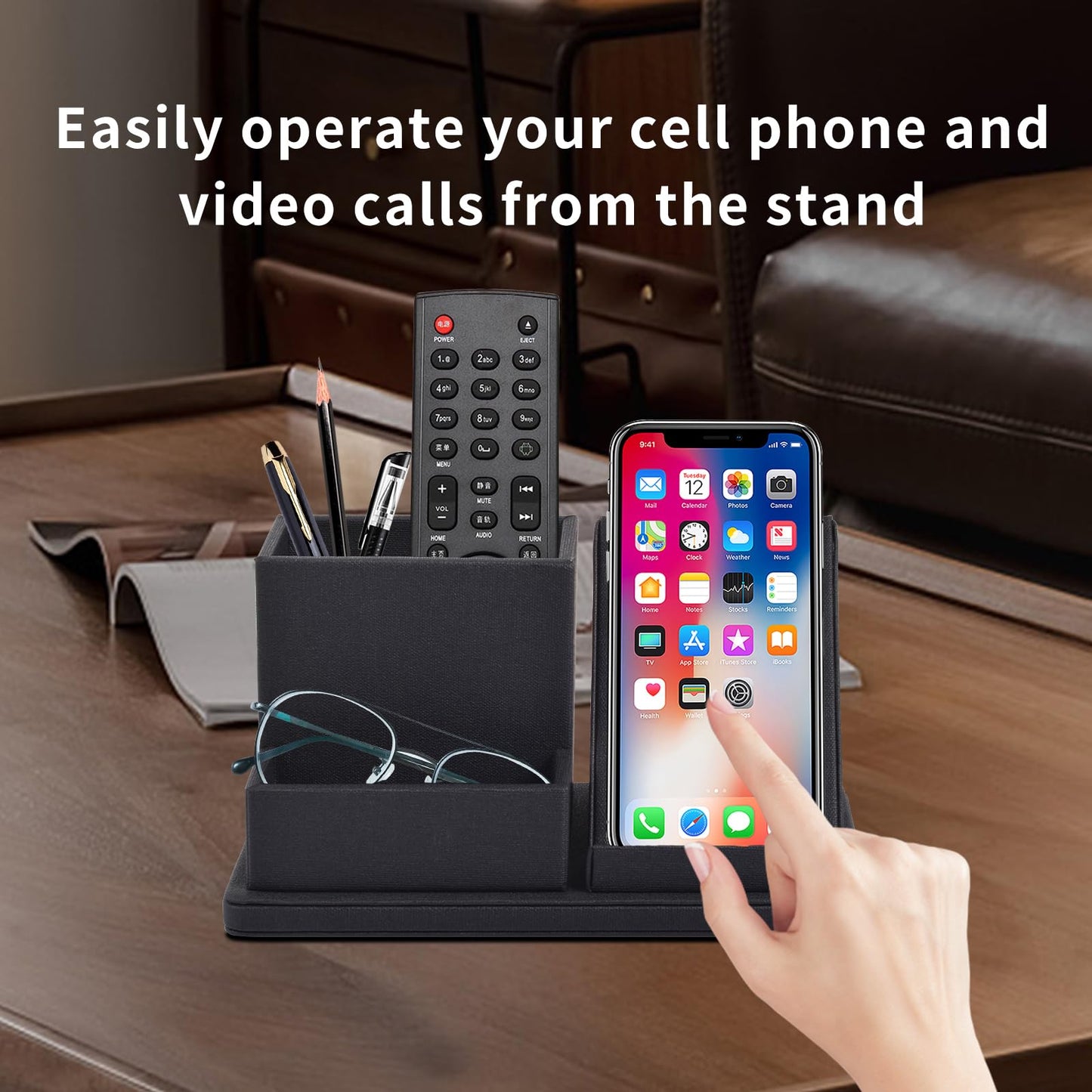XNONE Pu Leather Desk Pen/Pencil Organizer Multi-Function Cell Phone/Remote Control Storage Box with 3 Compartments Office Supplies Sticky Note Tray Business Cards Holder,Black