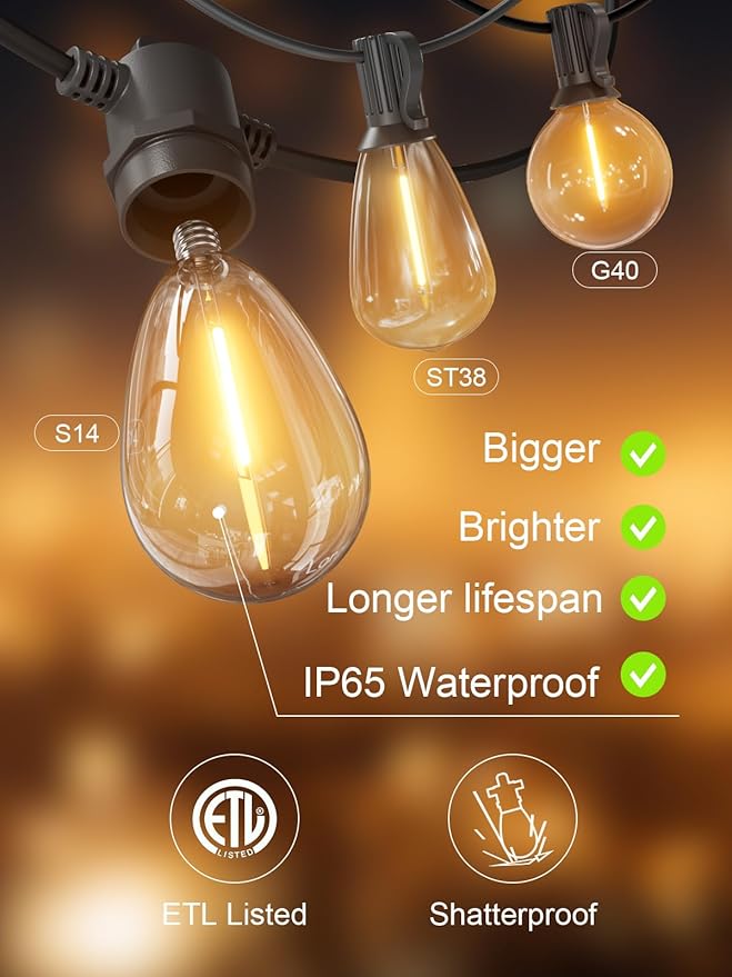 Svater Outdoor String Lights 100 FT, Patio for Outside with Shatterproof S14 Bulbs, Waterproof LED Hanging Light for Cafe Backyard Bistro Party, Warm White
