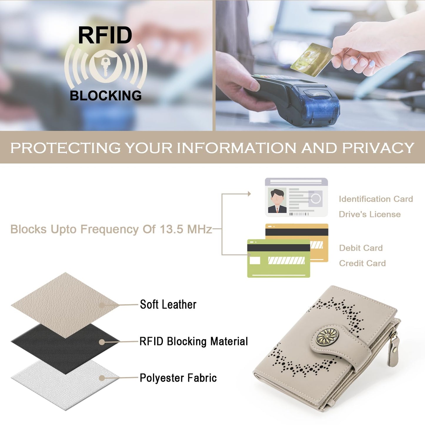 Tipmile Small Wallets Woman Leather 2 ID Windows Bifold RFID Blocking Credit Card Holder Wallet with Zipper Coin Pocket