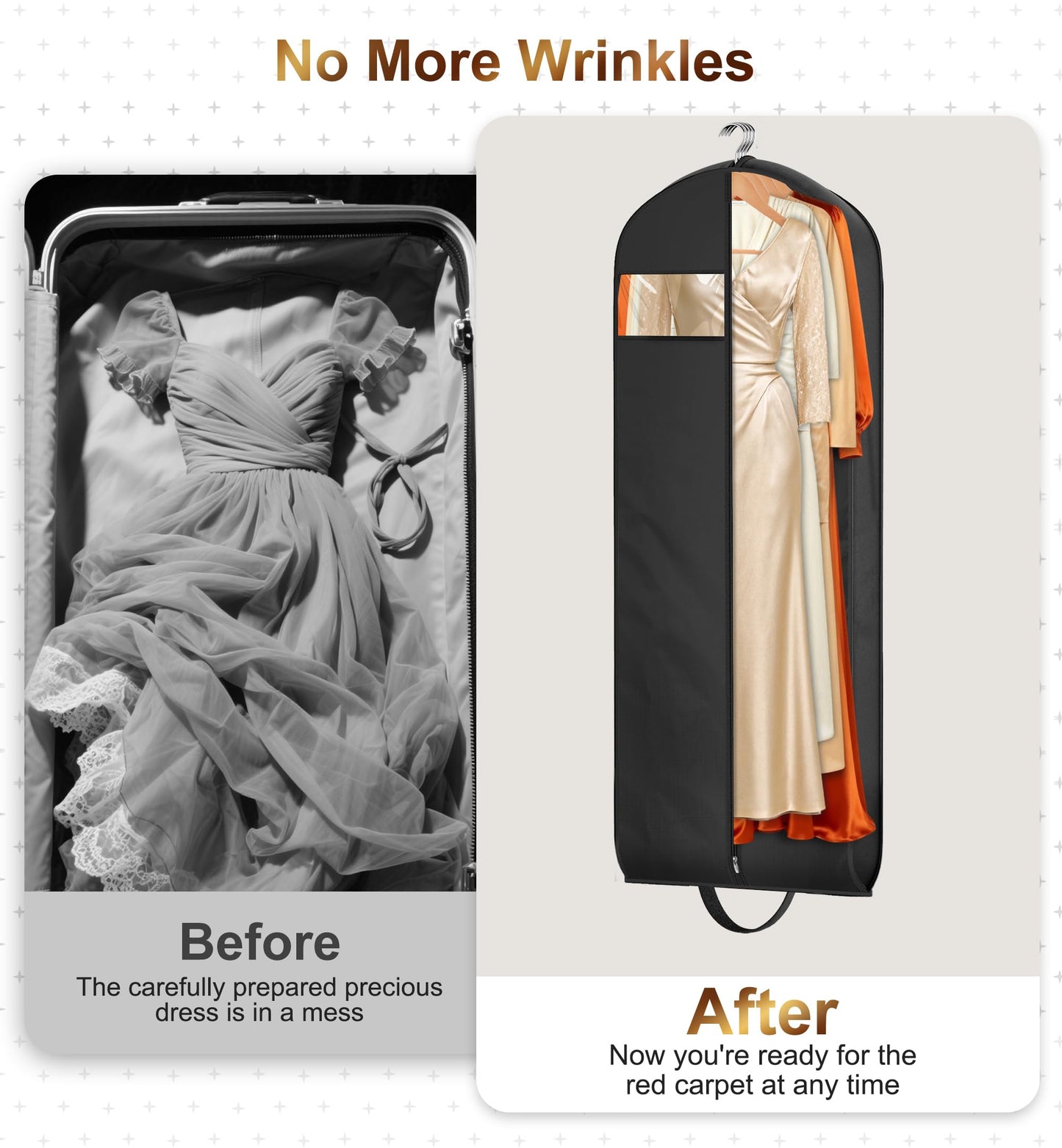 MISSLO 72" Wedding Dress Garment Bag for Travel Waterproof Dress Bags for Gowns Long 4" Gusseted Dresses Protector Bag for Closet Storage Clothing Covers for Hanging Clothes, Black