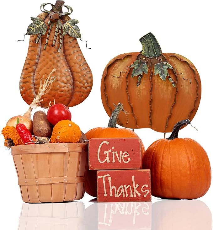 Metal Pumpkin Stakes Yard Signs Fall Decor Decorative Garden Stake Lawn Pumpkins Ornaments Outdoor Autumn Decoration for Harvest Halloween Thanksgiving (17.5" H Orange x2)