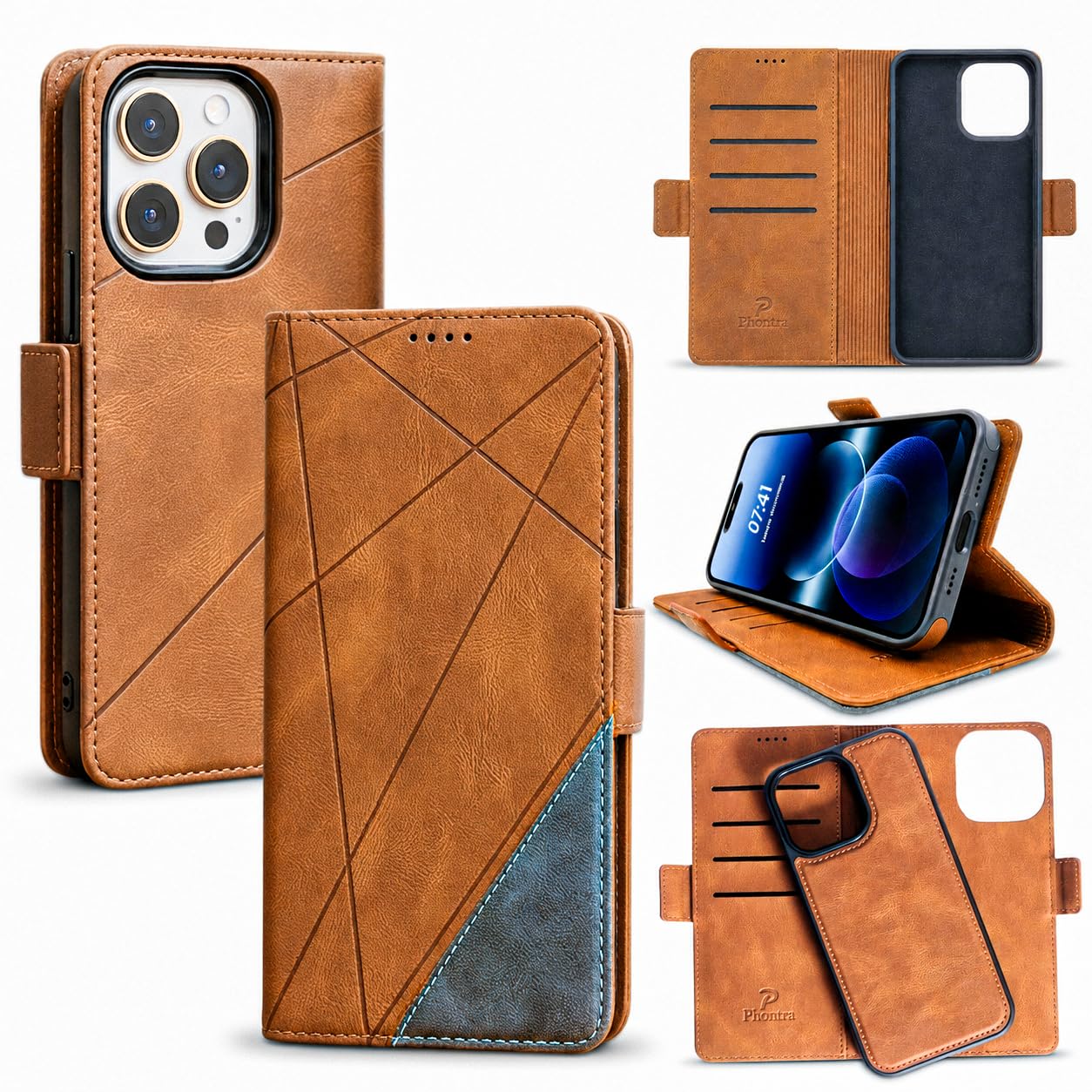 EMF Protection Anti Radiation Cell Phone Wallet Case for iPhone, EMF Blocker Genuine Leather Flip Folio Phone Cover, RFID Blocking Card Holder, MagSafe Case Wallet (Brown/Gray, iPhone 15 Pro Max)