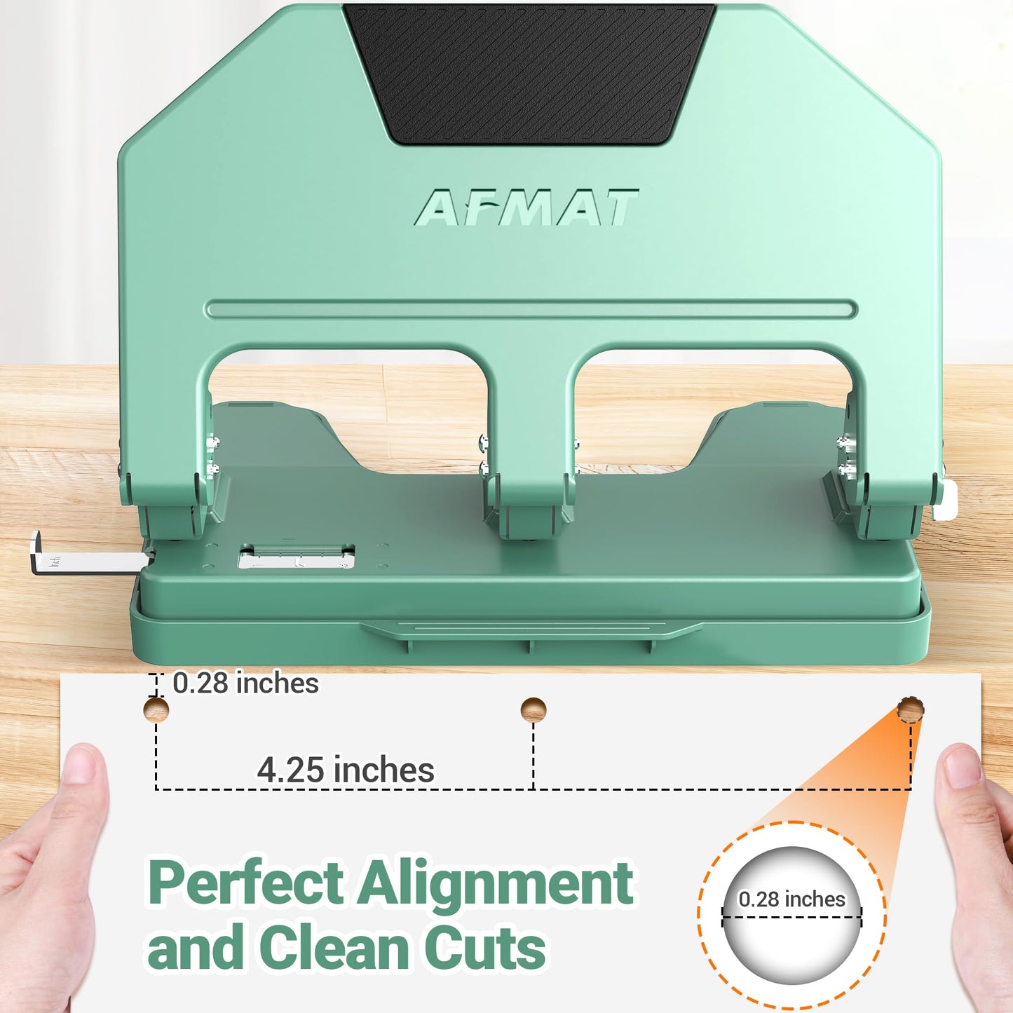 AFMAT 3 Hole Punch, 9/32" Holes, 40-Sheet 3 Hole Puncher for Binder, 50% Reduced Effort, Metal Heavy Duty Three Hole Punch w/ 10,000+ Uses, Bulit-in S.S. Paper Guide, Large Chip Tray, Green, HPX3
