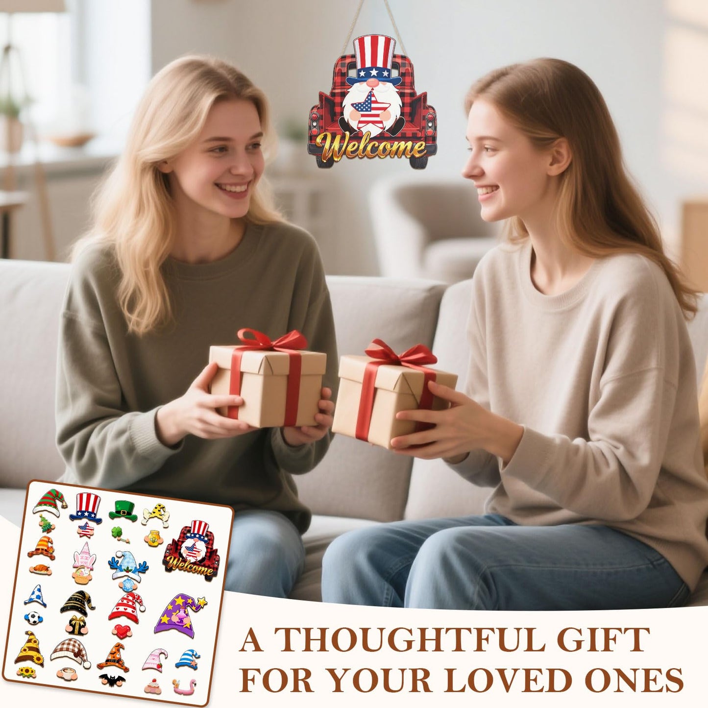 Interchangeable Wooden Gnome Decorations, Christmas Hanging Door Wall Decor, Changeable Holiday Seasonal Decor and Detachable Hats Welcome Sign, Gnomes Gifts for All Seasons, 32 PCS