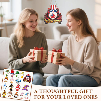 Interchangeable Wooden Gnome Decorations, Christmas Hanging Door Wall Decor, Changeable Holiday Seasonal Decor and Detachable Hats Welcome Sign, Gnomes Gifts for All Seasons, 32 PCS