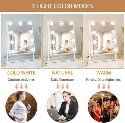 FENCHILIN Vanity Mirror with Light Lighted Makeup Mirror Vanity Makeup Mirror Smart Touch Control 3Colors Dimable Light Detachable 10X Magnification 360°Rotation(White)