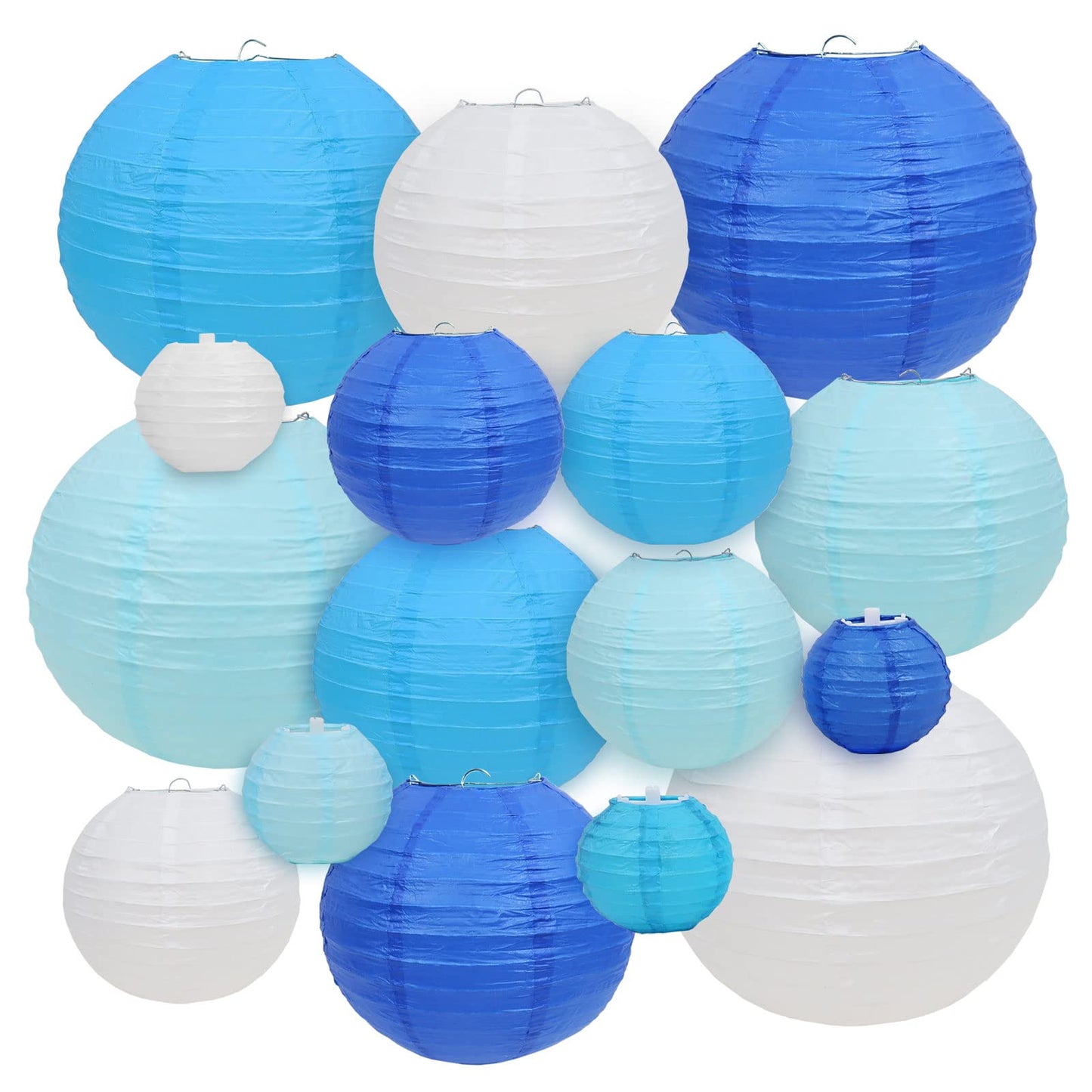 LURICO 16 Pcs Blue/White Paper Lanterns (Size of 4”, 6”, 8”, 10”) - Chinese/Japanese Paper Hanging Decorations Ball Lanterns Lamps for Home Decor, Parties, and Weddings