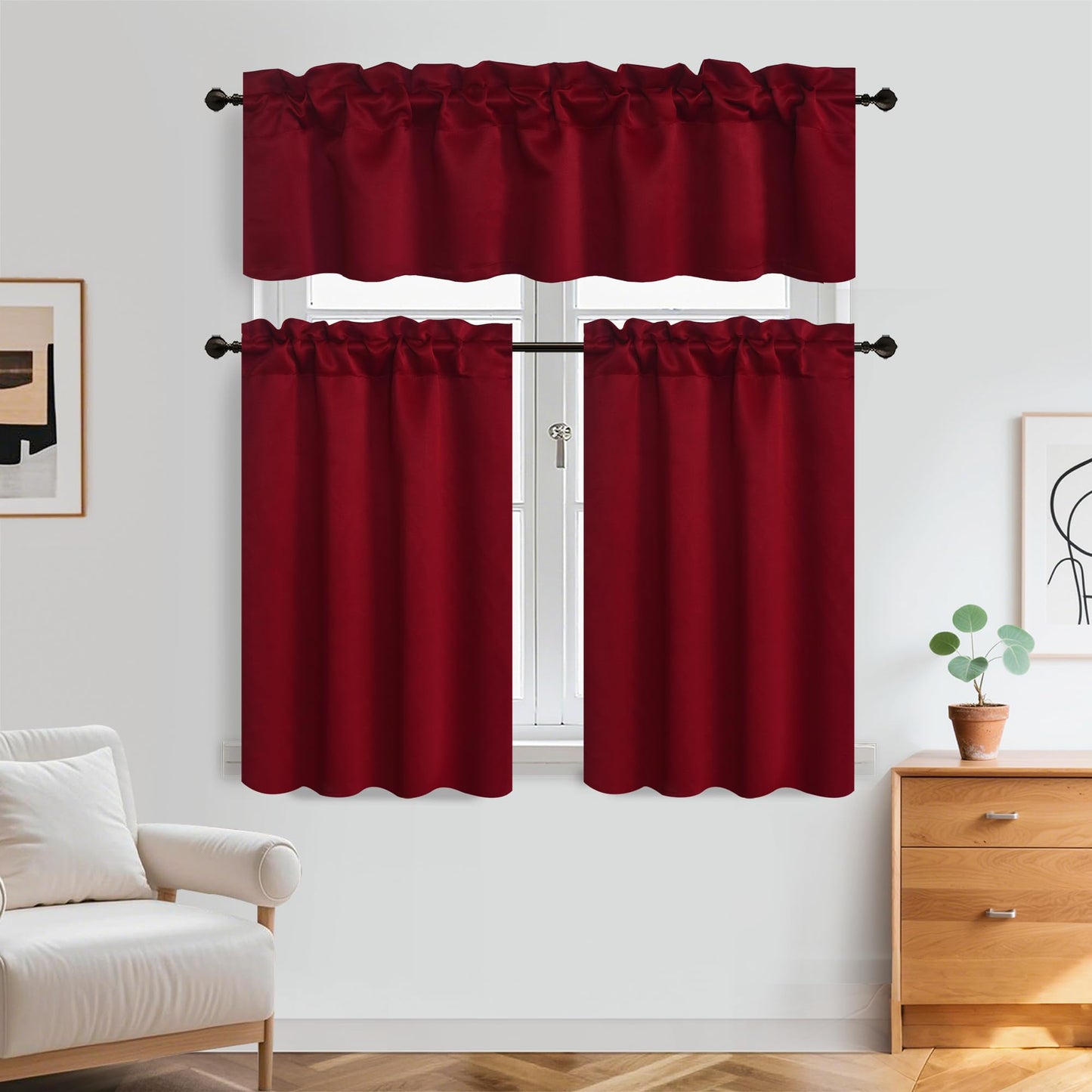 Aquazolax Christmas Red Window Valance Curtains 2 Pack - 52x14 Inch Rustic Rod Pocket Short Curtain Valances for Small Windows, Burgundy Red