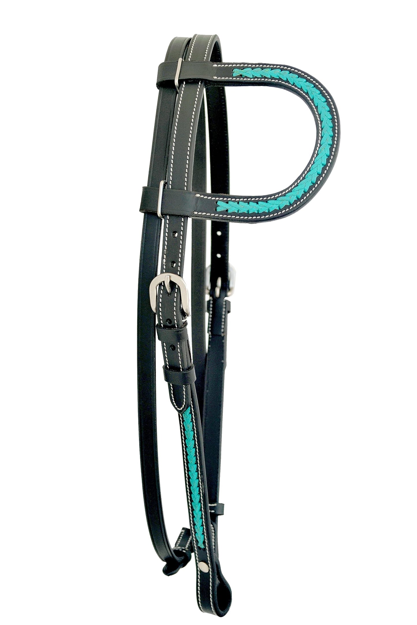 Western Horse Headstall Standard Size – Adjustable Hand Braided Genuine Leather Bridle with Turquoise Rawhide Leather Weaving on Straight Brow Band Western Riding Tack, Black Color Leather (Full Size)