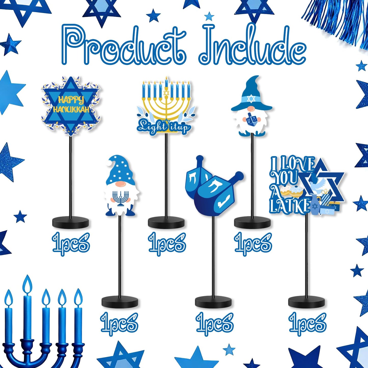6Pcs Hanukkah Table Decorations Hanukkah Wood Table Sign Chanukkah Decor for Winter Chanukkah Home Indoor Centerpiece Menorah Dreidel Star of David