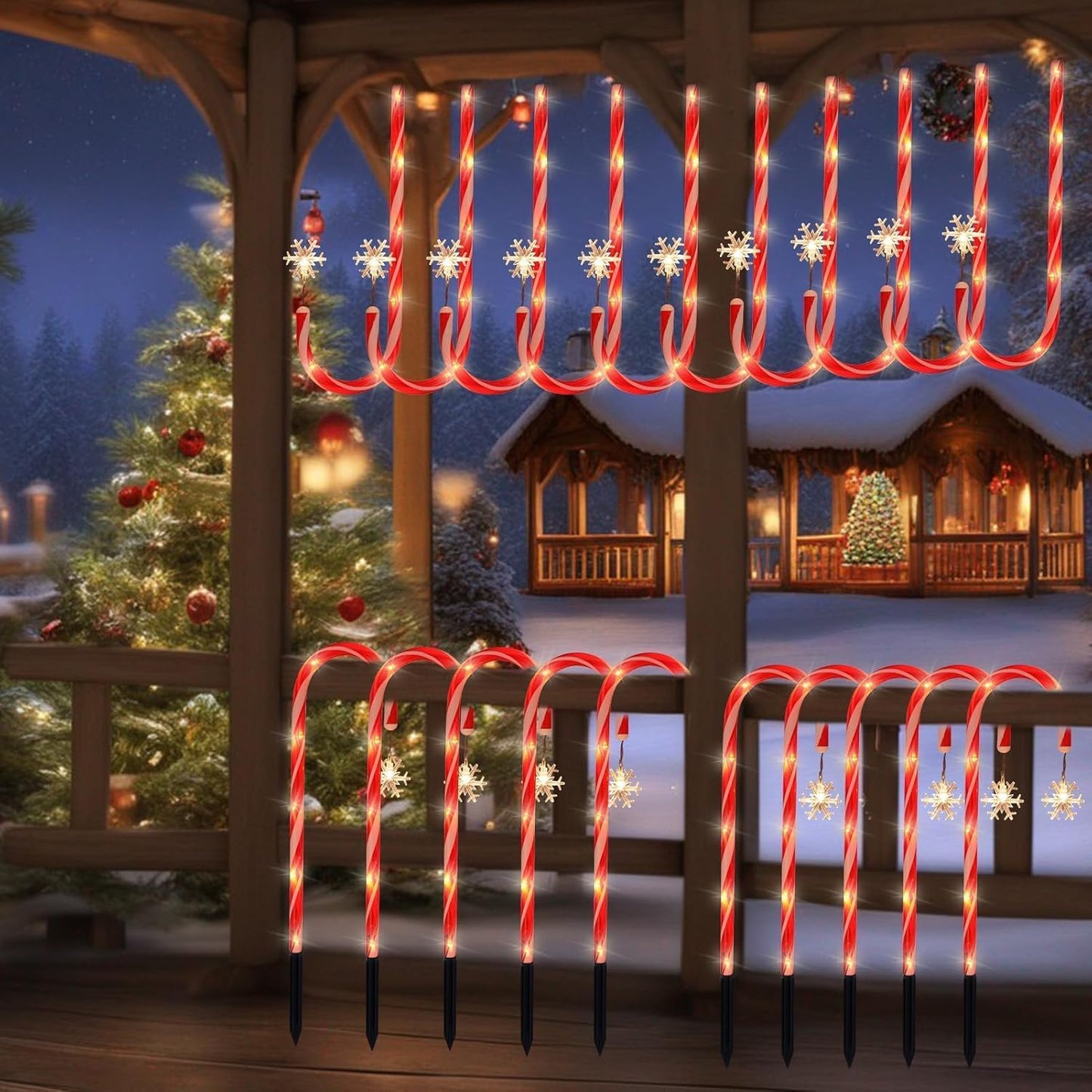 10 Pack Solar Christmas Candy Cane Pathway Lights with Snowflake, Waterproof LED Outdoor Stake Lights for Lawn, Yard, Walkway, Solar Powered Christmas Decorations for Garden, Patio (Warm White)
