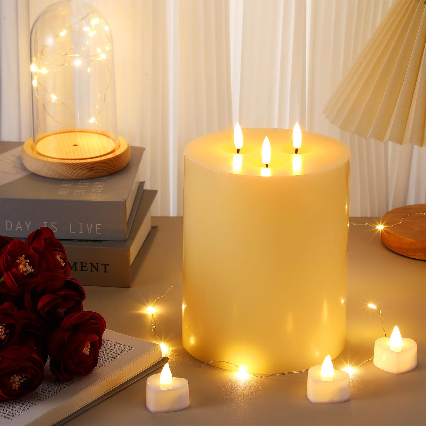 Retisee Extra Large Flameless Candles LED Battery Operated Real Wax 3 Wicks Flickering Pillar Candle with Remote Control Timer for Home Wedding Christmas Party Decoration (Ivory,6'' X 8'')