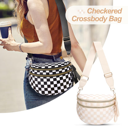 Checkered Crossbody Bag,Nylon Bum Bags for Women Crossbody,Spacious Sling Bag Purse Fanny Packs with Shoulder Strap