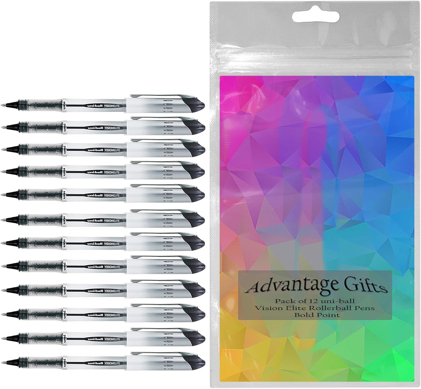 Advantage Gifts Vision Elite Rollerball Pens, Bold Point (0.8mm), Black Ink, 12 Count, Bundle with Plastic Reusable Pouch