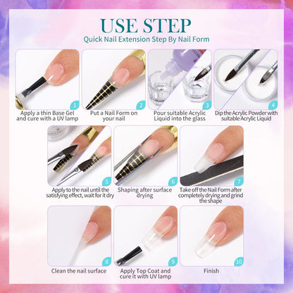 BORN PRETTY Acrylic Nail Kit - Acrylic Powder (Clear, White, Pink) & Liquid Set with Nail Forms, Brush Pen, File & Glass Container - Beginner Friendly