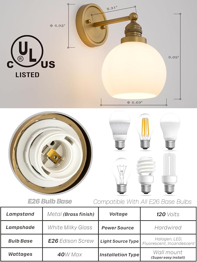 Gold Wall Sconces,Vintage Bathroom Vanity Light with Milk Glass Modern Brass Sconces Wall Lighting for Living Room Bedroom Hallway Stairway E26 Hardwire Indoor