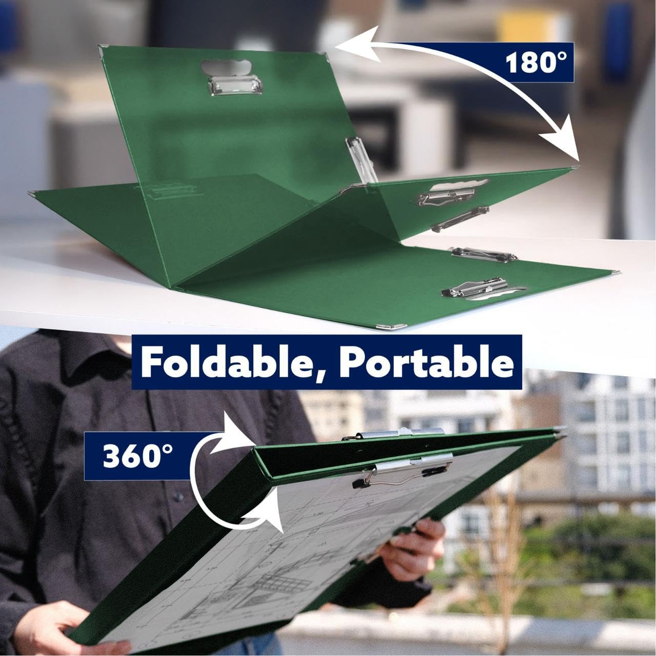 18x24 Clipboard - Foldable 18x24 File Folder & Drawing Board - Folds to 11x17 Clipboard, 4 Clips, Corner Protectors, Portable Art Portfolio, Architecture Folder, 11x17 Binder, Portfolio Binder (Green)
