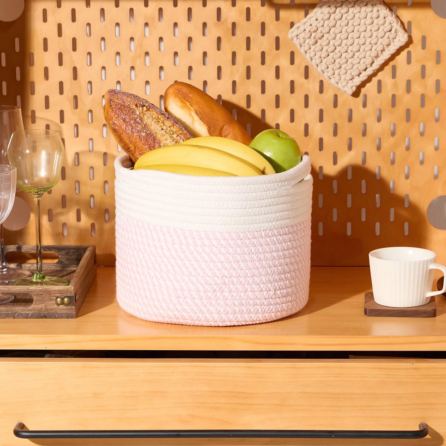 MiniArk Small Basket for Organizing | Cube Shelf Closet Storage Baskets | 9.7×9.7×7.1” | Woven Rope Gift Basket | Nursery | Round 3 Packs Pink