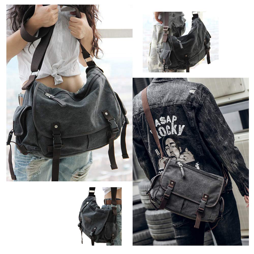 [Upgraded] Vintage Canvas Messenger Bag 13 15.6 17 inches Large Book Laptop Shoulder Bag Women Men New (Black, X-Large)