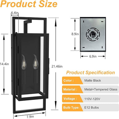 𝟐𝟏.𝟒𝟔𝐈𝐍 Outdoor Light Fixture, Dusk to Dawn Outdoor Lighting 2-Light, Waterproof Outdoor Wall Lights with Tempered Glass, Black Front Open Window Outdoor Lights for House Porch Patio
