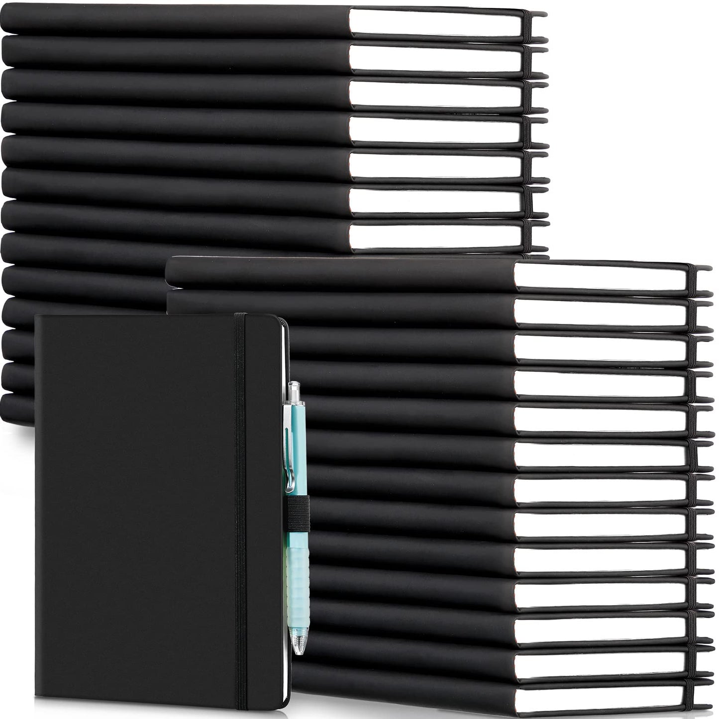 Laumoi 28 Pack PU Leather Lined Notebook Journal Bulk A5 Hardcover Notebook College Ruled 5.5 x 8.2 Inch Journal with Pen Holder for School Business Work Writing(Black,Simple)