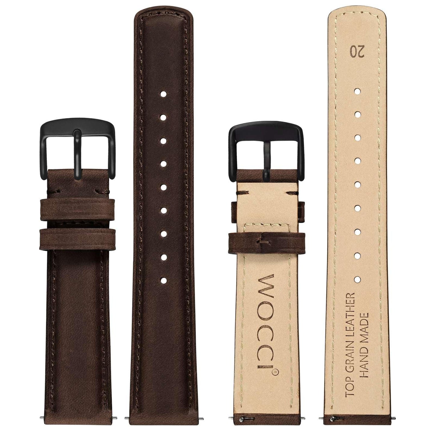 WOCCI 18mm Watch Band for Men and Women, Genuine Leather - Top Grain Leather, Quick Release Strap, Black Buckle (Bistre Brown)