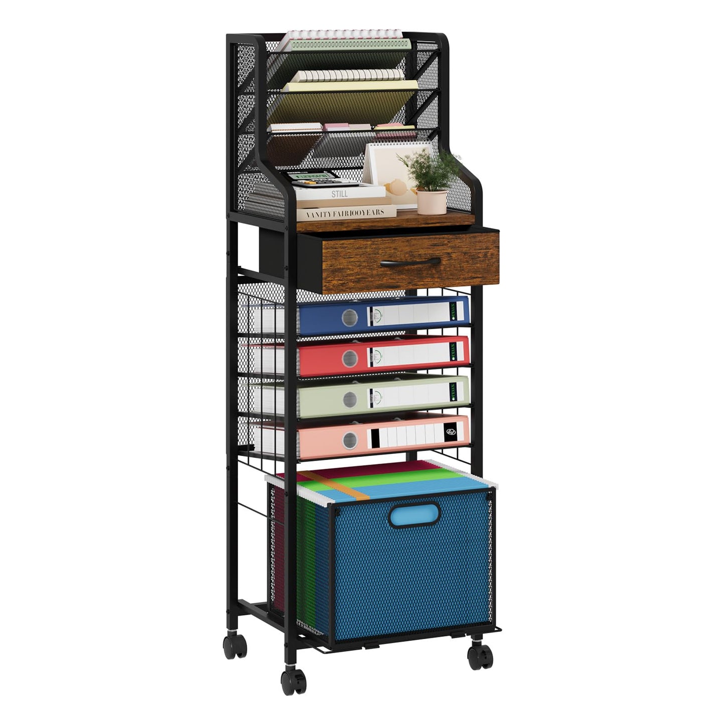 SWTYMIKI 10-Tier Rolling File Cart - Mesh Paper Organizer with Drawer & Hanging File Folders on Lockable Wheels, Rolling File Cabinet for Office Organization, Storage in Home, Studio, School, Espresso
