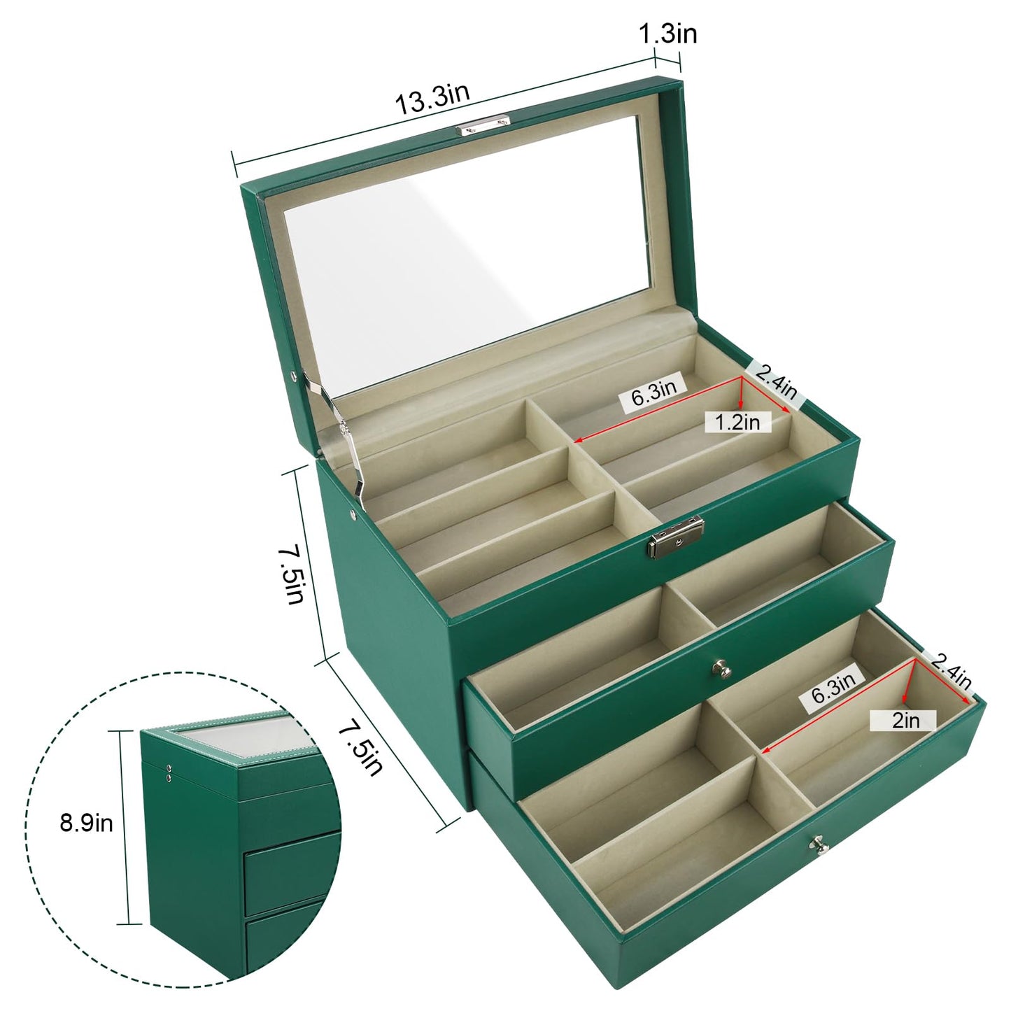 GRTCZYSL Sunglasses Organizer 18 Slots, Multiple Pairs Glasses Storage Case Leather Eyeglasses Display Box for Women Men -3 Layers, Green