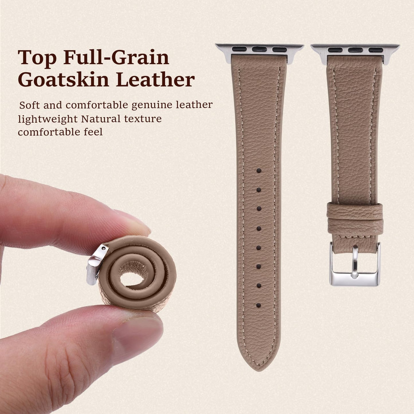 Premium French Goatskin Women's Soft Leather Band Compatible with Apple Watch Band 38mm 40mm 41mm 42mm 44mm 45mm 46mm 49mm, Thin Slim Leather Strap for iWatch Series Ultra SE11 10 9 8 7 6 5 4 3 2 1