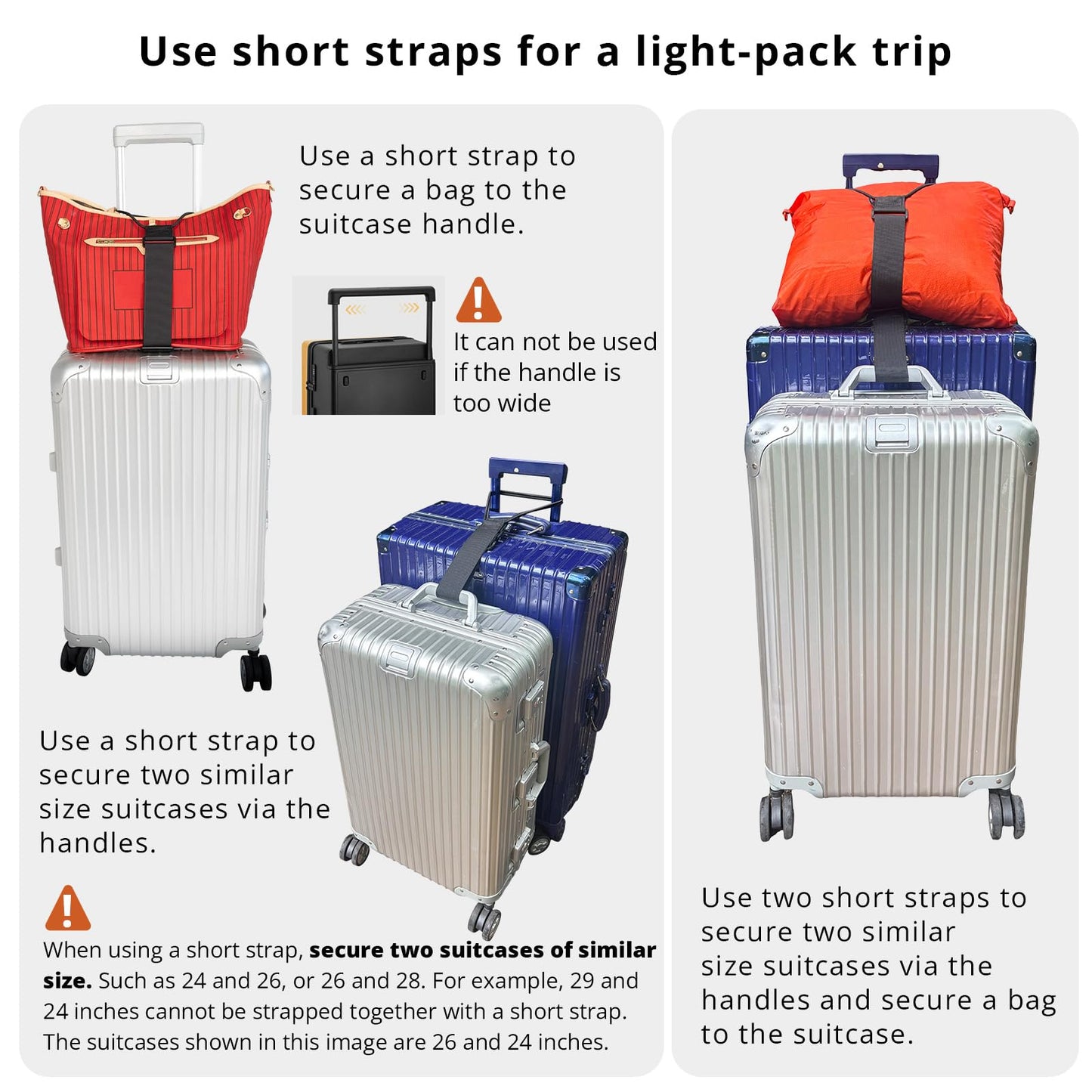 Luggage Straps 3 PCS for Suitcases TSA Approved 2 Short & 1 Long Adjustable Straps with Elastic Thick Rope for Connecting Suitcases and Bags Stably with a Strap Buckle and a Bottle Clip, Black