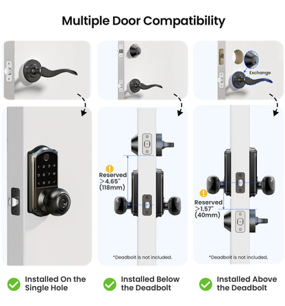 Veise VE018 Smart Knob Handle Lock - Fingerprint, App Control, Keyless Entry for Front Door and Bedroom, Electronic Digital Keypad, Auto Lock, Remote Access Sharing, Easy Installation, Matte Black