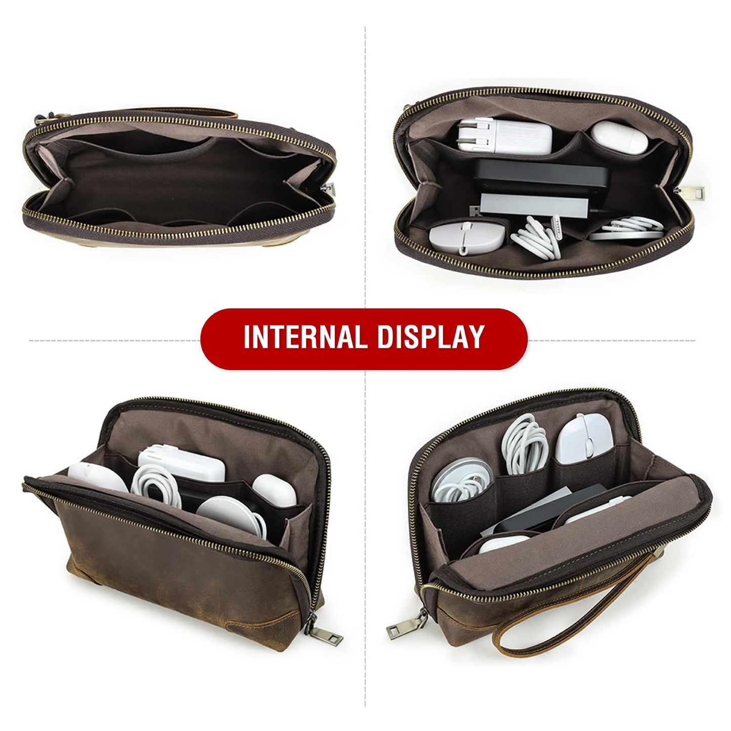 CataPurus Electronic Organizer Zipper Bag Tech Pouch, Top Grain Leather Handmade, Portable Compact Travel Storage Cases Fits Apple Accessories, Phone, USB Cables, Power Banks, Chargers, Hard Drive