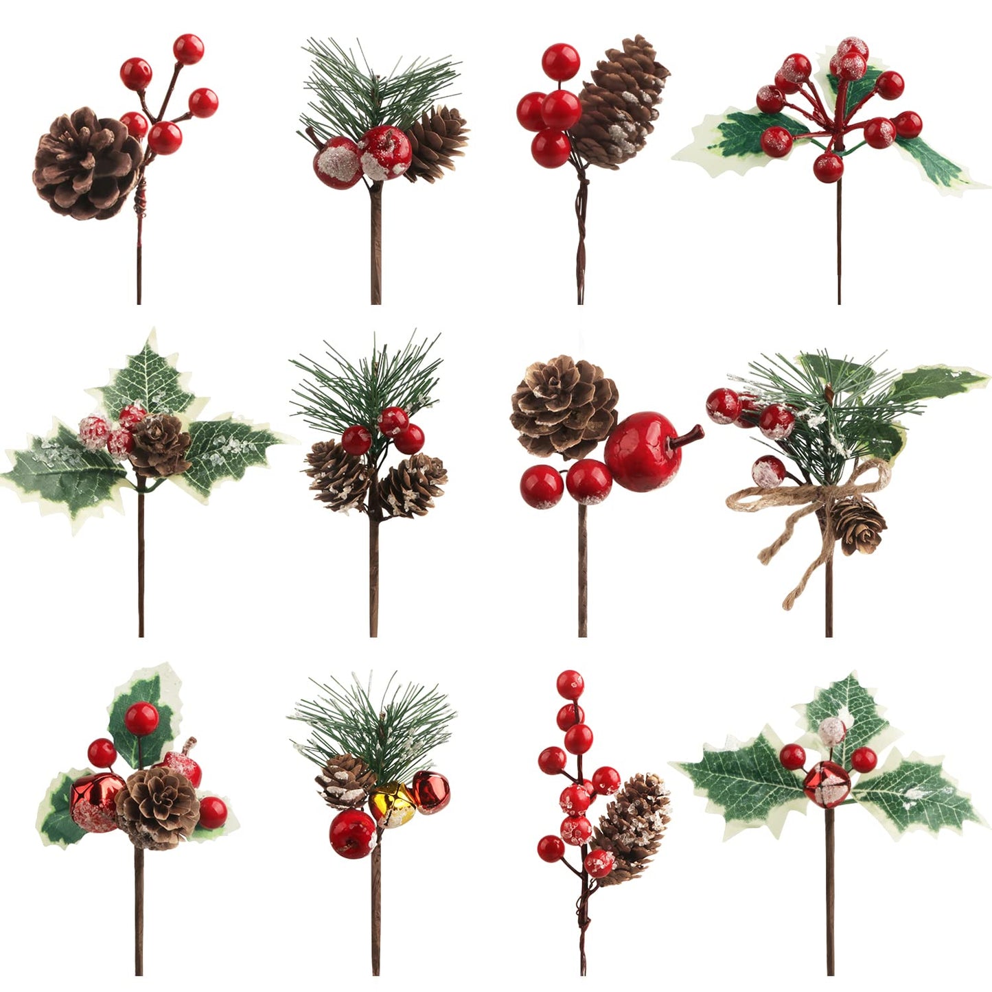 12PCS Christmas Picks with Pine Cones Holly Berry Artificial Red Berry Stems Pine Branches Small Christmas Berry Picks for Crafts Gift Wrapping Floral Picks Tree Wreaths Decor Holiday Arrangement