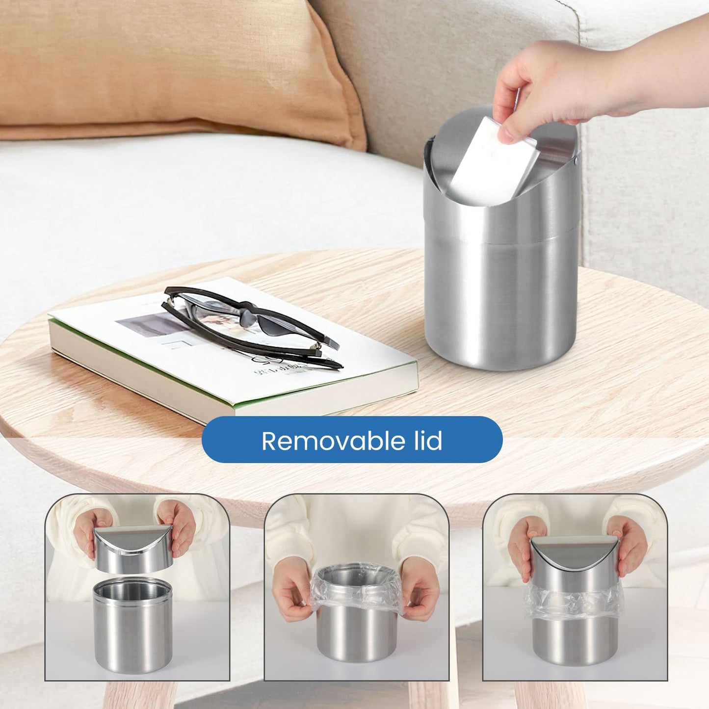 LOVEINUSA Mini Trash Can with Lid, 1.5L Small Garbage Bin Brushed Stainless Steel Desk Trash Can for Bathroom, Office, Kitchen, Coffee Table, and Countertop Use