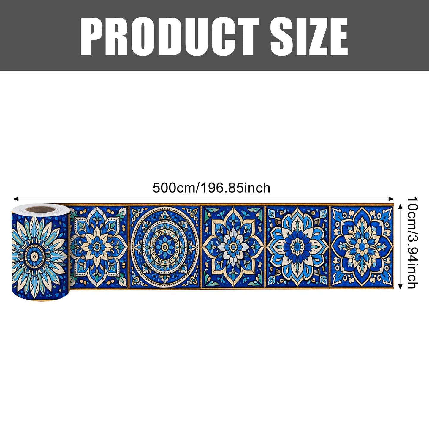 Nuxovilar Wallpaper Border Peel and Stick 3.94x16.4Ft PVC Removable Self-Adhesive Bathroom Kitchen Living Room (Blue White Moroccan Tile Pattern)